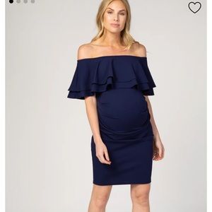 PinkBlush Navy Off the Shoulder Fitted Dress